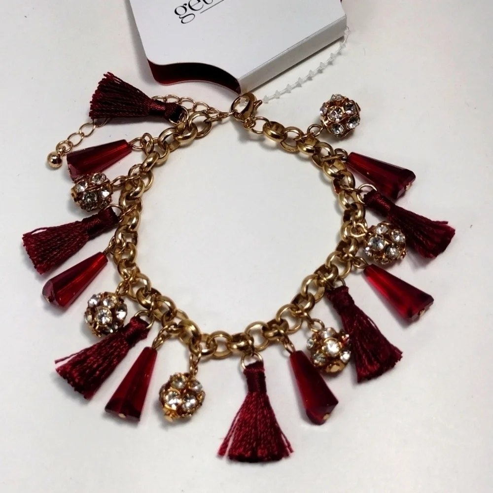 Women's Polished Gold-tone Red Beaded Tassel Bracelet w/ Sparkling Crystal Balls